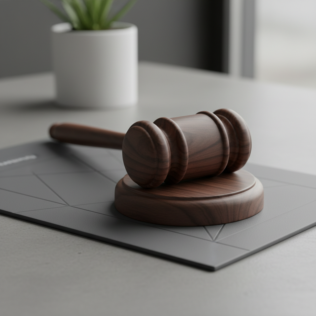 A crisp, detailed close-up of a modern courtroom gavel crafted from rich dark walnut with subtle grain patterns, resting atop a matte-finished slate-gray legal pad embossed with geometric lines. The setting is a minimalist, uncluttered concrete desktop, with a small potted plant in a white cylinder pot in the blurred background. Diffused, natural overcast lighting softly illuminates the scene, creating subtle highlights and soft, pleasant shadows. The image is composed with the gavel slightly off-center following the rule of thirds, rendered in sharp, photographic realism. The atmosphere is calm yet authoritative, communicating trustworthiness and legal expertise.