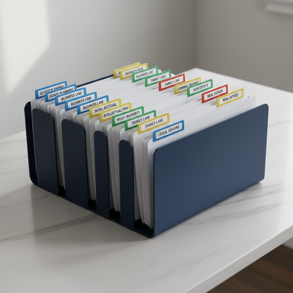 A set of elegant, navy-blue file organizers made of matte textured acrylic, each containing pristine folders with color-coded tabs and gold foil labels denoting various areas of legal consultation, arranged in an orderly fashion. The organizers sit on a sleek white desk with a subtle marble finish. Indirect, soft daylight streams in from the left, creating a bright, organized atmosphere and casting barely-there shadows. Captured from a diagonal, slightly elevated angle with a wide focus, the mood is approachable and highly organized, supporting the theme of accessible, expert legal guidance. The style remains clean, professional, and modern, matching the site’s business focus.